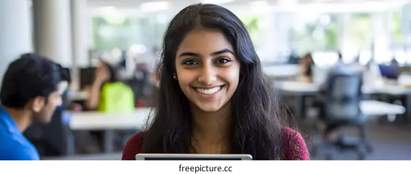 Smiling Indian Woman Holding a Tablet in a Modern Office