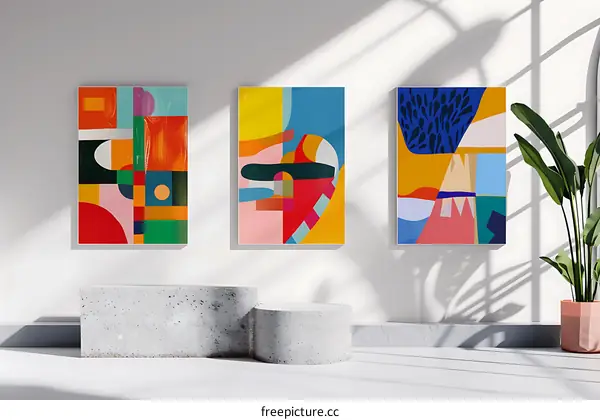Abstract Geometric Paintings with Bright Colors in a Modern Interior