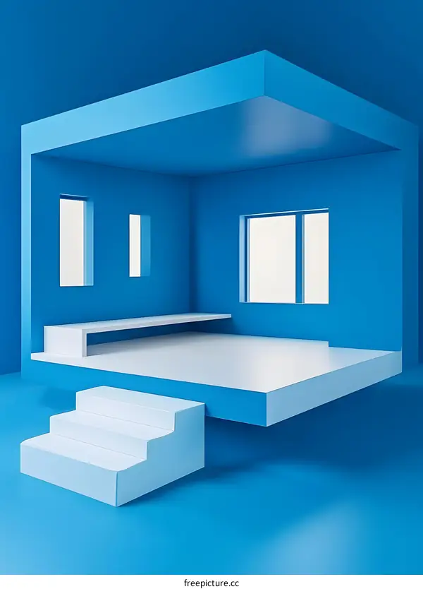Blue Minimalist Room Interior Design with Floating Platform and Stairs