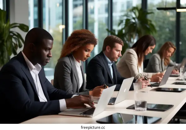 A group of people sitting at a table and working on their laptops