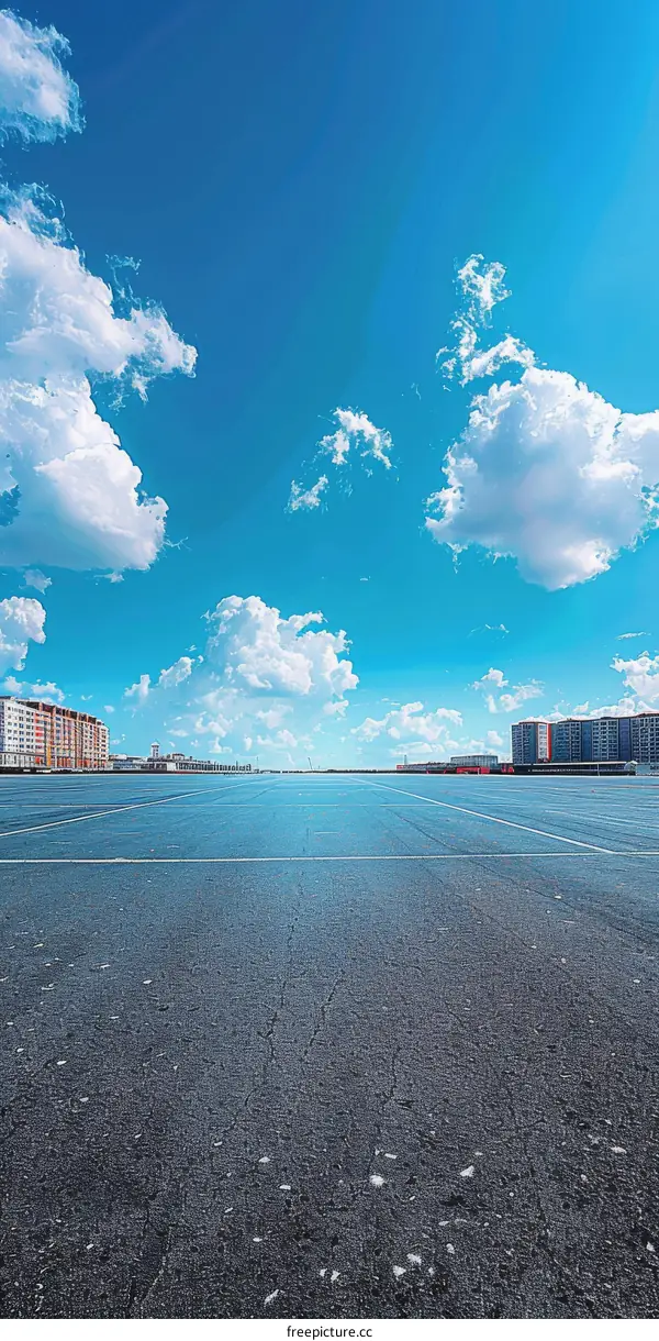 Empty Parking Lot on a Sunny Day with Blue Sky and White Clouds