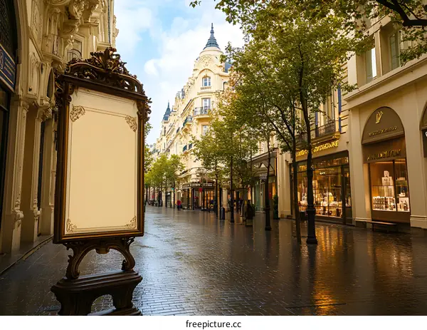 Empty Street With A Blank Sign In Front Of Parisian Buildings