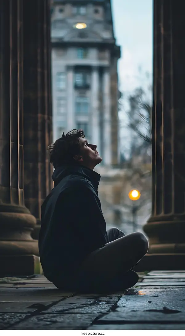 Man Sitting Between Pillars Looking Upwards