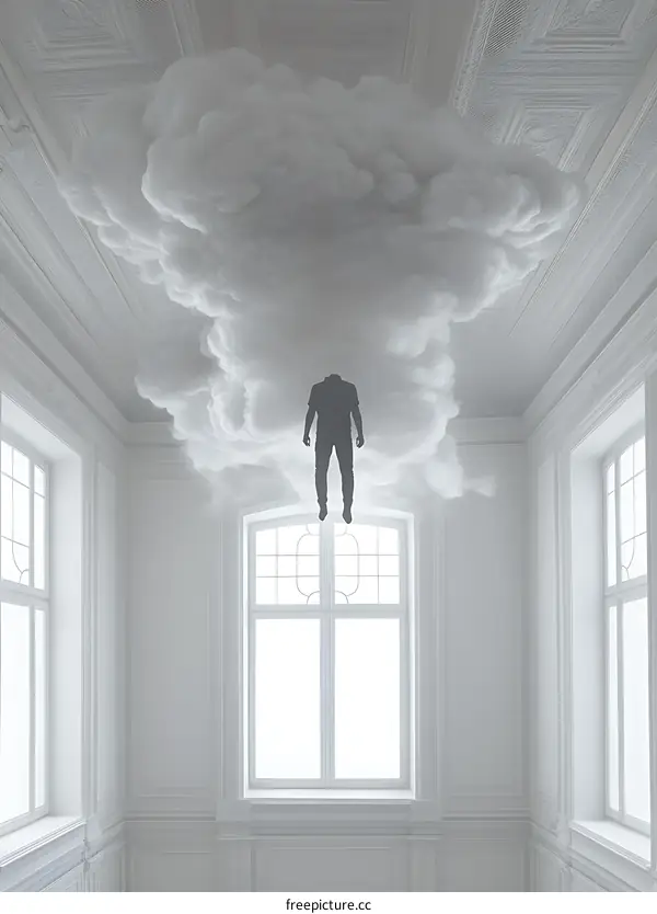 Headless Man Suspended In Cloud Inside White Room