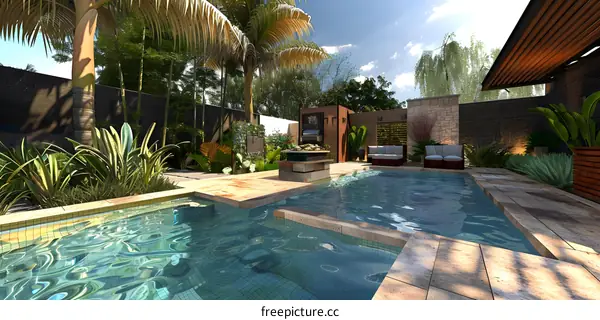 Tropical Backyard Swimming Pool Design with Stone Walls and Palm Trees