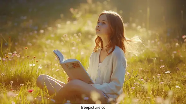 Little girl reading a book in a field of flowers