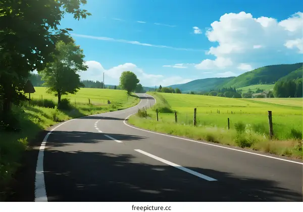 A winding road passing through lush green fields under a clear blue sky
