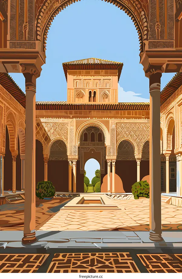 Courtyard of an Ancient Spanish Palace with Arches and Columns