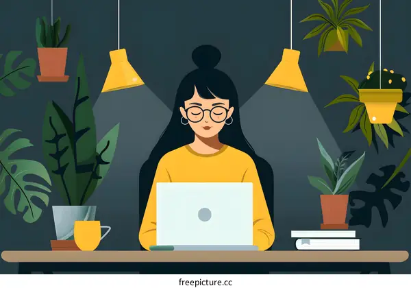 Woman Working on Laptop in Home Office with Plants