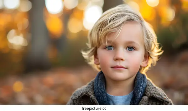 Portrait of a Young Boy with Blonde Hair Looking at the Camera