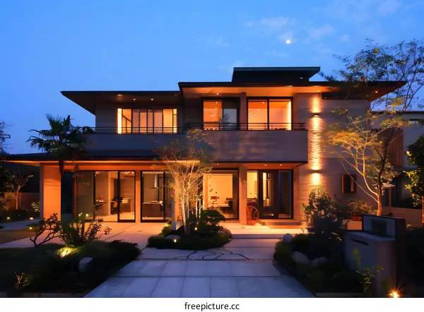 Modern House with Illuminated Exterior at Night