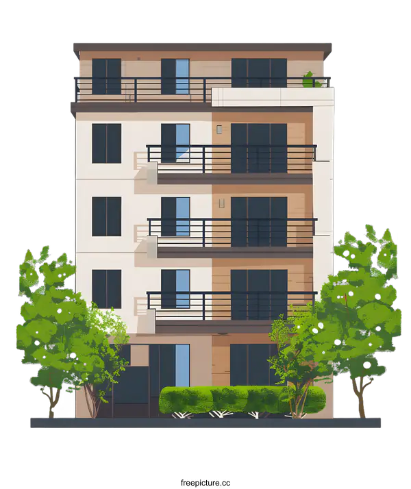 [Transparent Background PNG]Modern Multi Story Building With Green Trees Illustration
