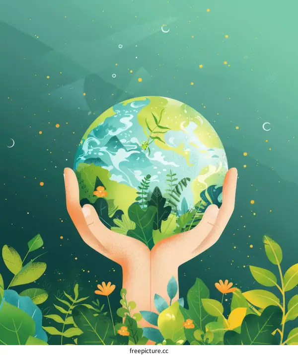 Hands cradling the earth with green plants growing on it