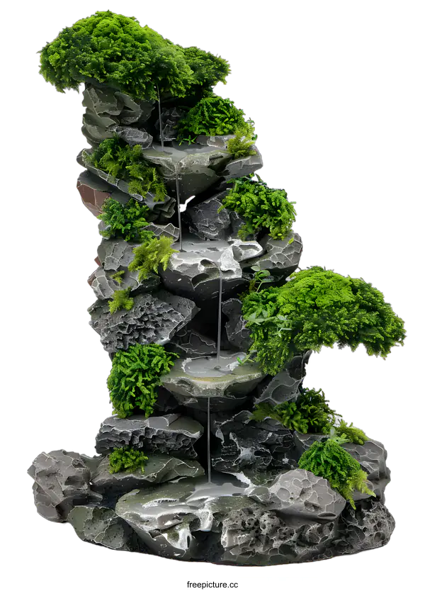 [Transparent Background PNG]Layered Stone Waterfall with Green Moss