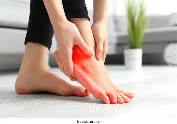 Woman Experiencing Heel Pain on Wooden Floor