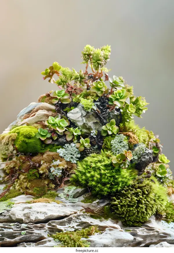 Green Moss and Succulents Growing on a Rock