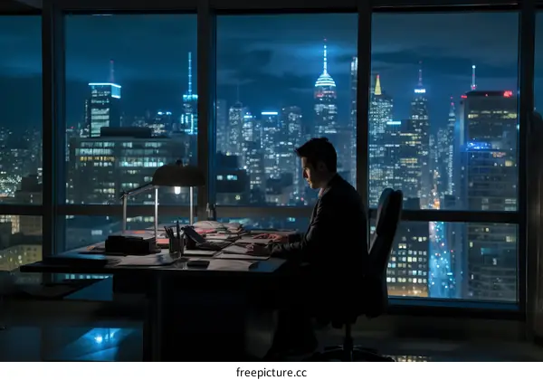 Businessman working late in his office overlooking the city at night