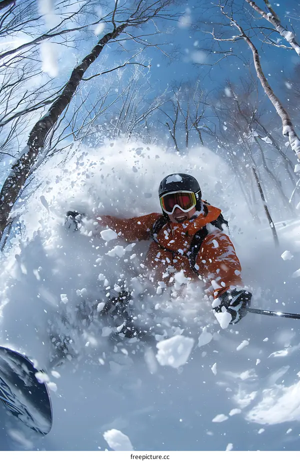 Snowboarder Making Powder Turns in the Woods