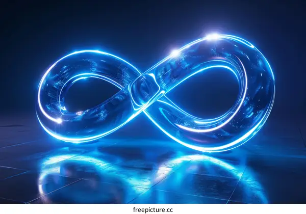 Blue Infinity Symbol Made of Glass Against Dark Background