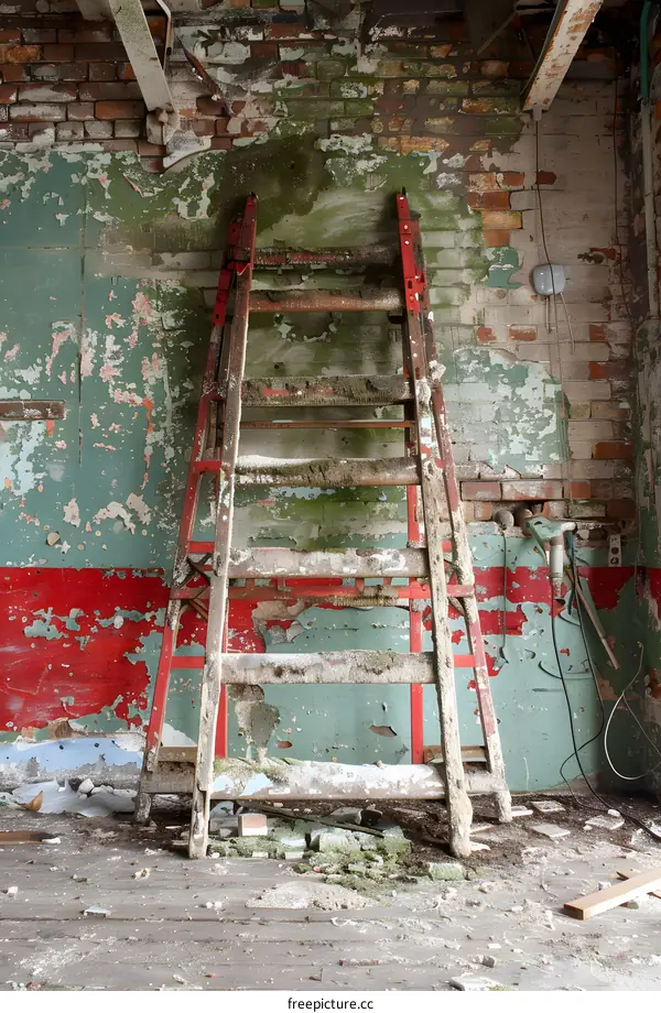 Old Wooden Ladder Leaning Against Peeling Brick Wall