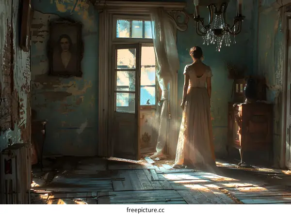 Woman in White Dress Standing in a Room With a View of the Outside World