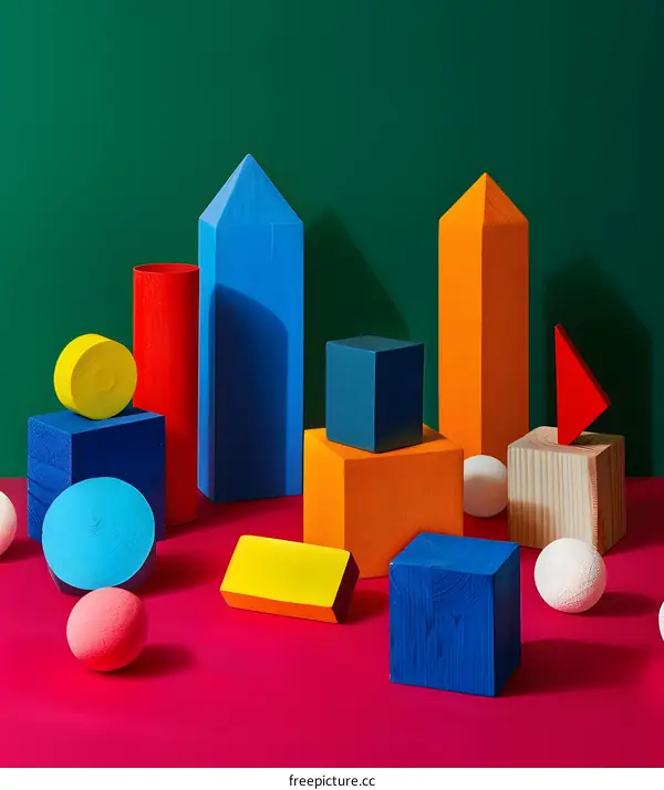 Colorful Geometric Shapes and Objects on Pink Background