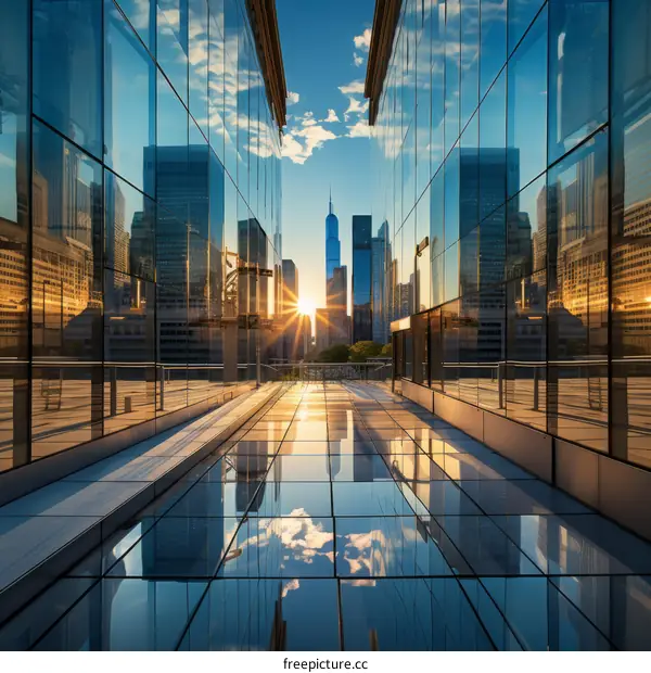 Modern City with Reflective Glass Buildings and a Clear Blue Sky
