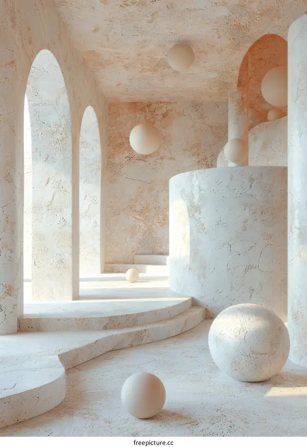 Minimalist Architectural Space with Arches and Spheres