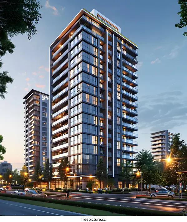 Modern Cityscape with High-Rise Buildings at Dusk