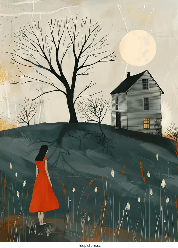 Woman in Red Dress Standing in Field with a House in the Background