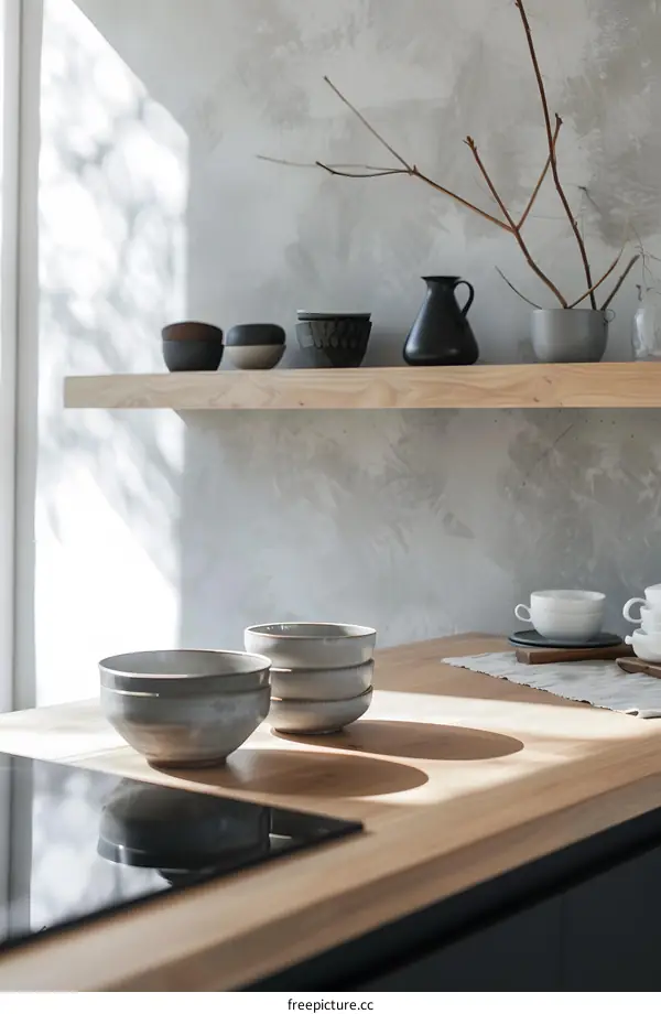 Minimalist Kitchen Interior Design with Wooden Countertop and Ceramic Bowls