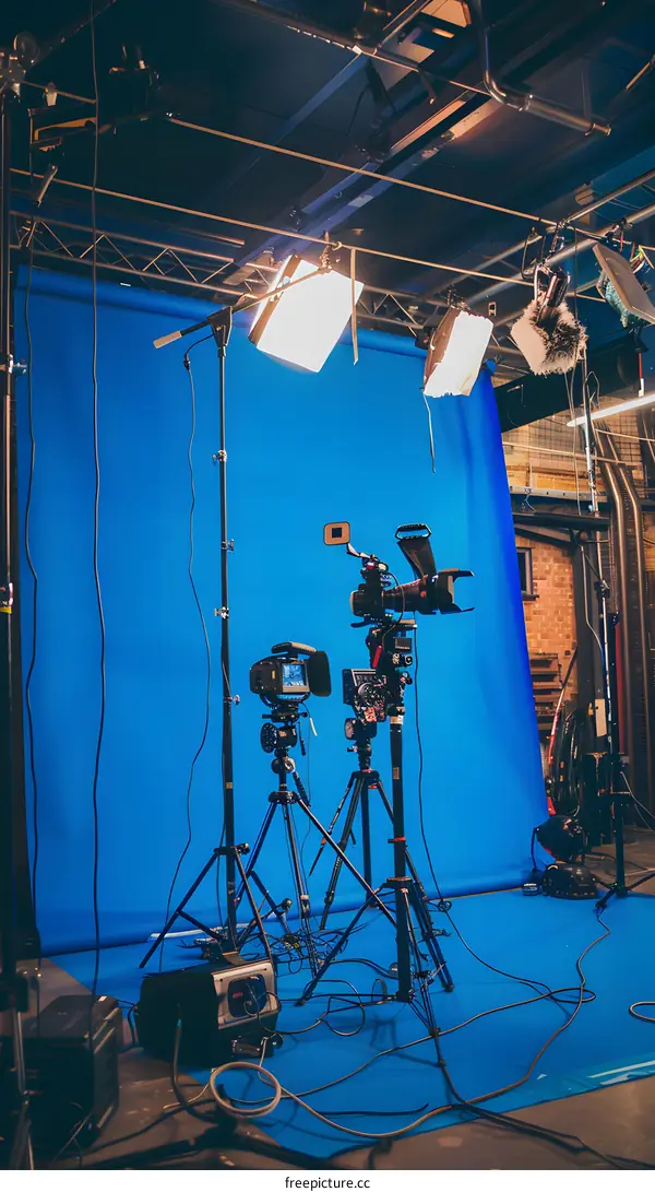 Film Studio with Blue Screen Background and Multiple Cameras