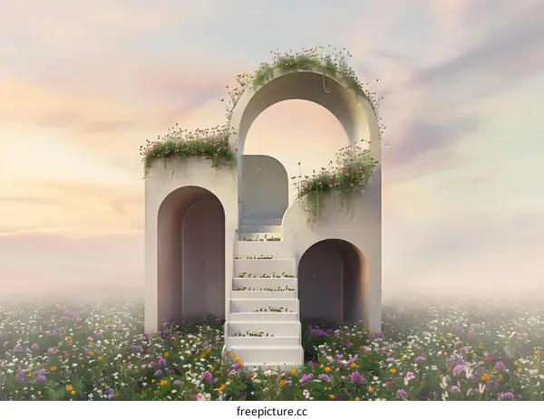 Archway with Flowers and Steps in a Field
