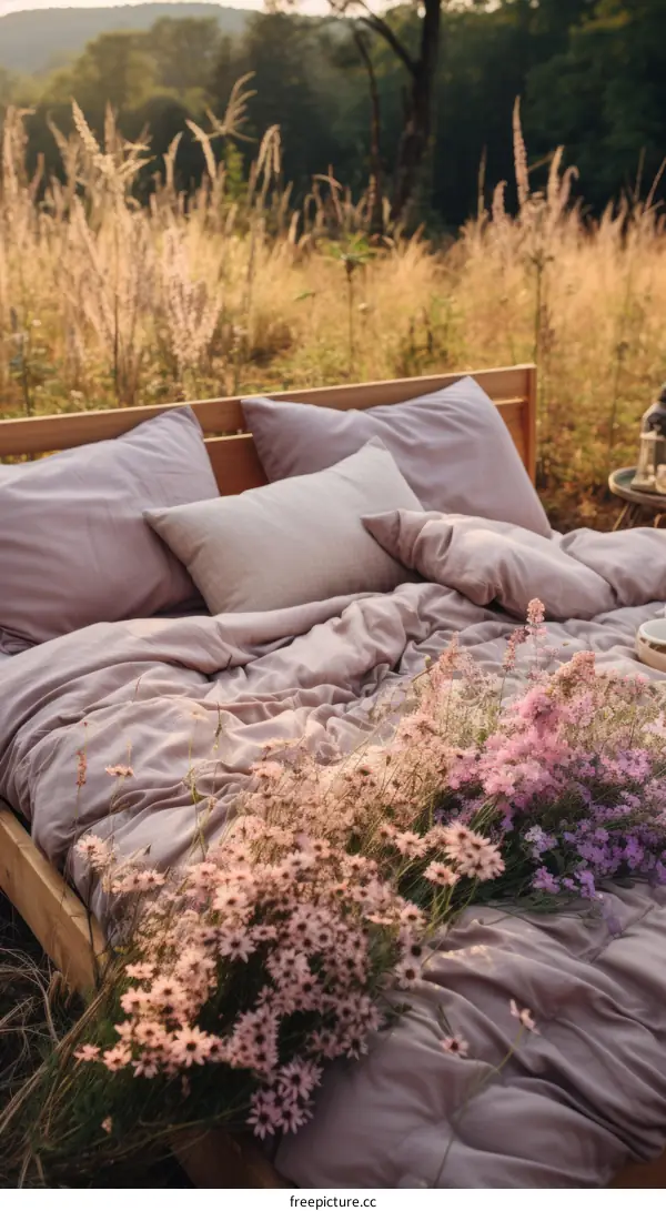 Bed in the middle of a blooming field