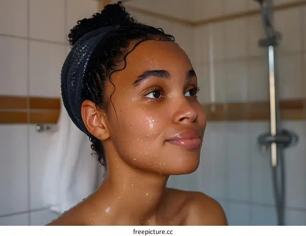 A young woman with wet hair and a wet face is looking to the right.