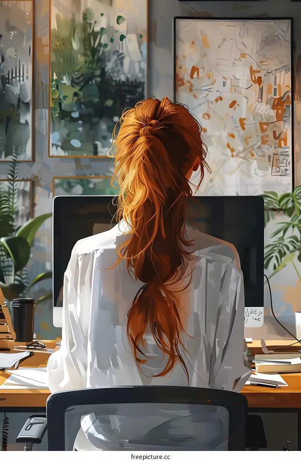 redhead woman sitting on chair back to camera at desk