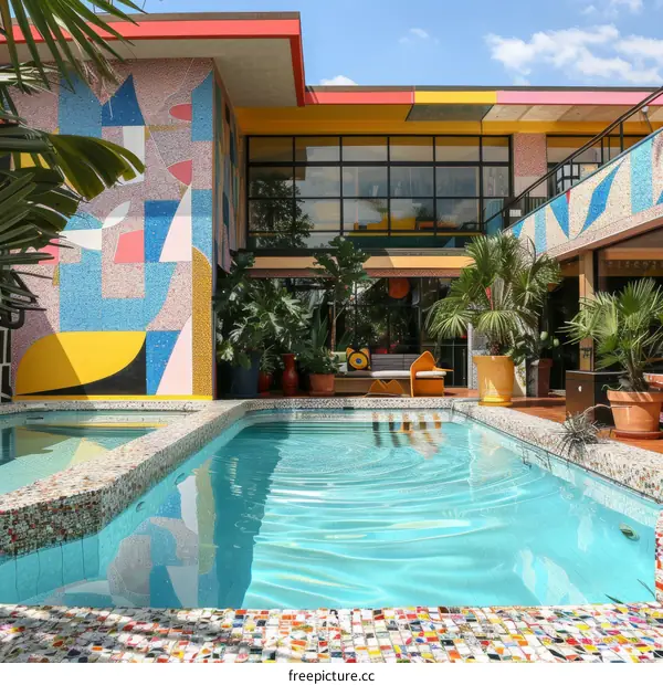 geometric shapes painted on the walls of a swimming pool