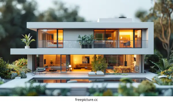 A modern house with a pool and a garden