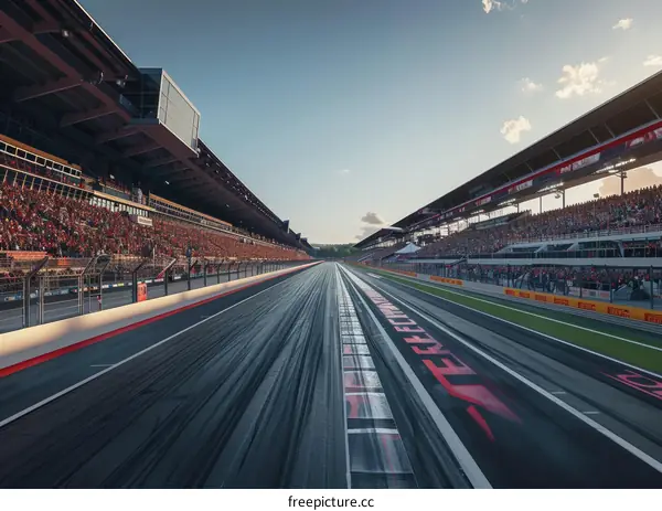 Formula One cars racing down a track with spectators in the stands