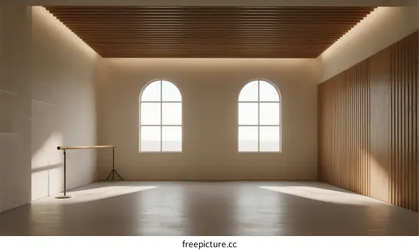 Spacious and bright empty room with arched windows and wooden elements
