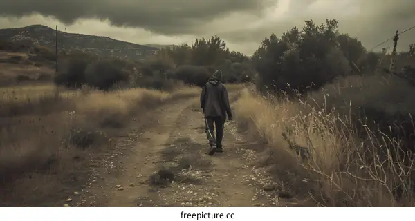 Lonely Figure Walking Away On A Dusty Road