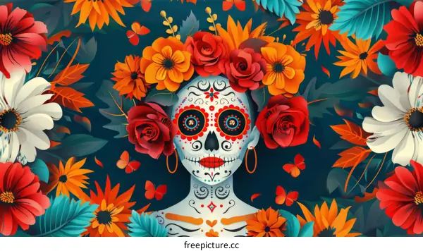 Catrina Portrait: Woman with Traditional Mexican Skull Face Paint and Flower Wreath