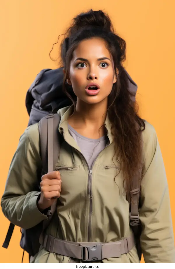 A young woman wearing a backpack looks surprised with her mouth open