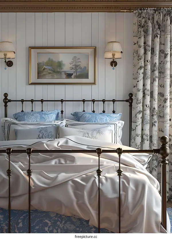 A bedroom with a white bed