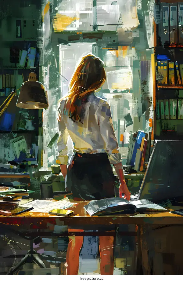 girl looking out the window in her office