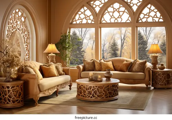 Ornate living room with large windows and a view of the forest
