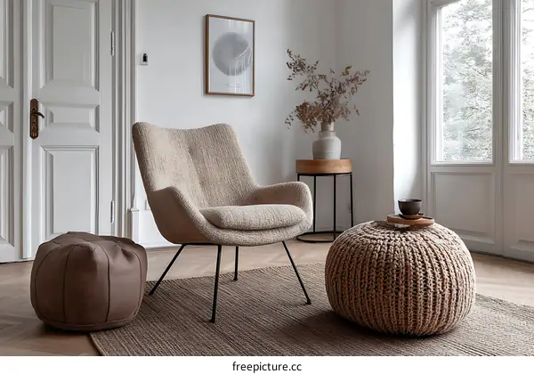 Modern Beige Living Room with Armchair and Knitted Pouf