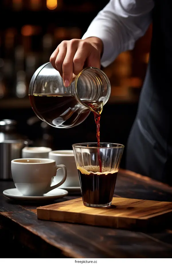 Barista pouring coffee from a glass carafe into a glass cup