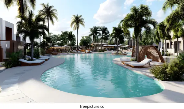 Tropical Resort Swimming Pool with Palm Trees and Lounge Chairs
