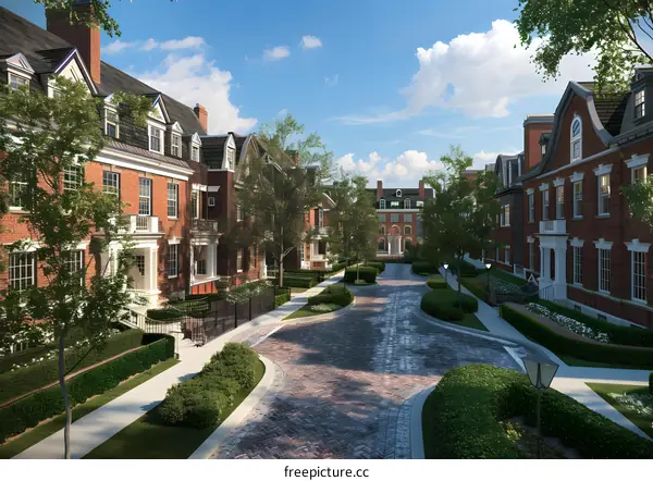 Brick Row Houses on a Cobblestone Street